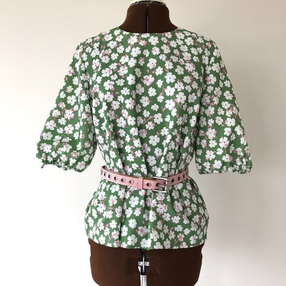 Green and Pink Floral Top with Elbow Puff Sleeves - Picture 7 of 8